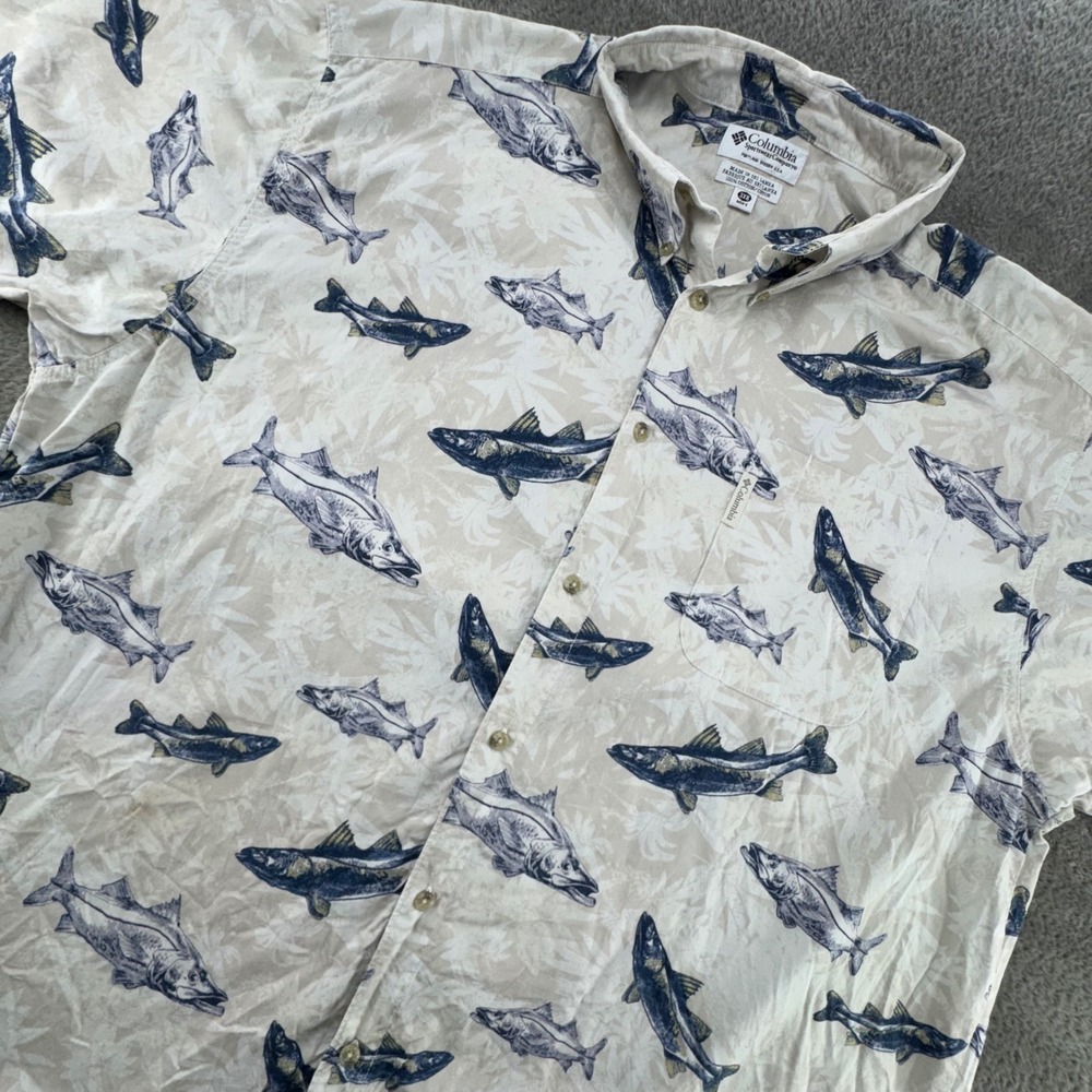 Columbia Fish Print Shirt Mens 3XB Tan Blue Excellent Short Sleeve Button Down